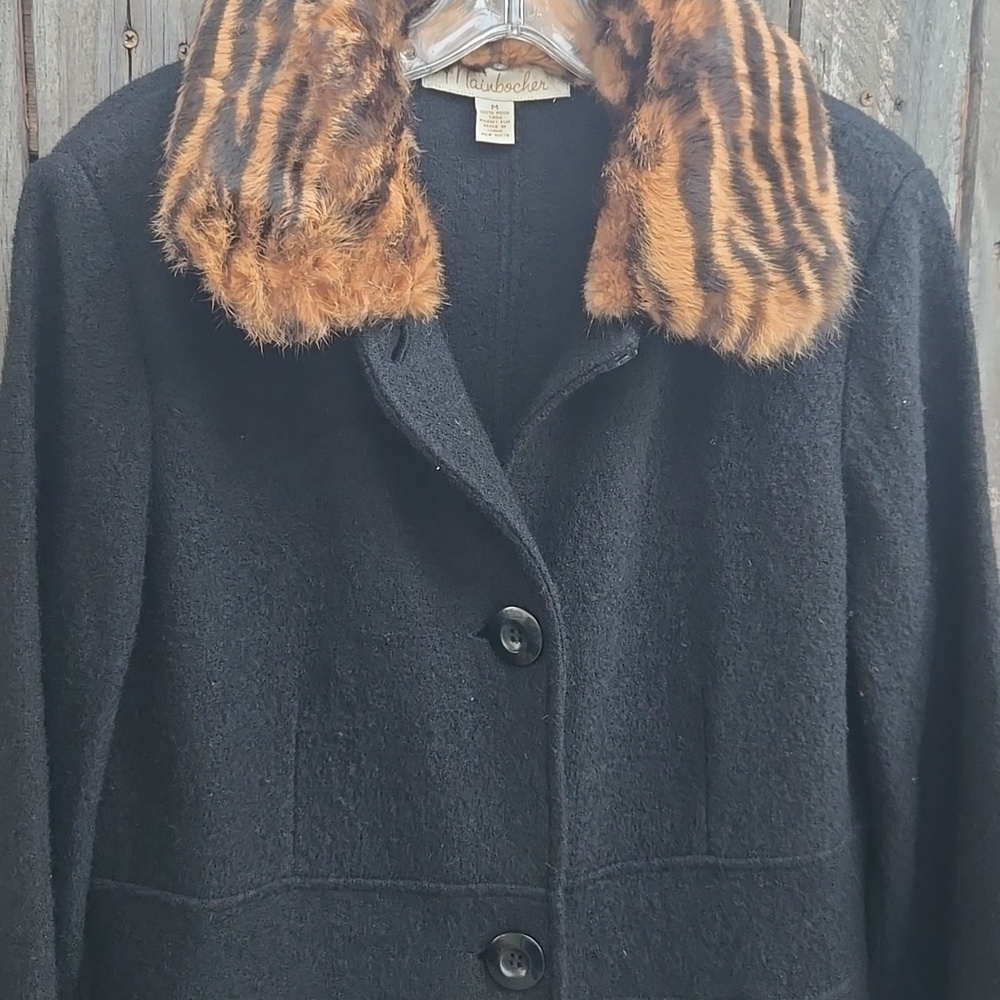 Mainbocher Black Trench Coat with Faux Fur Collar 100% Wool - Picture 3 of 8
